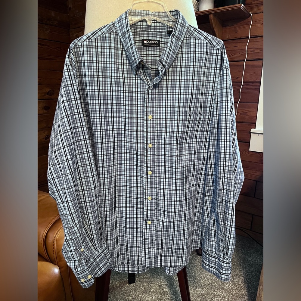 Puritan 2XL Men's Navy and White Plaid Button-Down Shirt Wrinkle free
